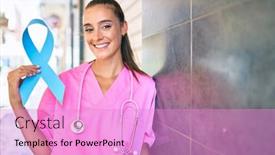  Presentation with cancer - Amazing PPT theme having young-doctor-woman-holding-blue backdrop and a lilac colored foreground