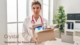  Presentation with woman crying - Slides having young-doctor-woman-holding-box background and a  colored foreground