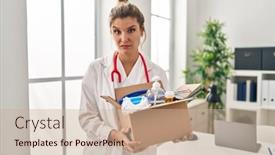  Presentation with box - Slide deck featuring young-doctor-woman-holding-box background and a  colored foreground