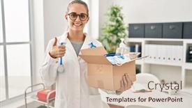  Presentation with medical sign - PPT theme featuring young-doctor-woman-holding-box background and a  colored foreground