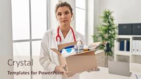  Presentation with simple medical - Slide deck enhanced with young-doctor-woman-holding-box background and a  colored foreground