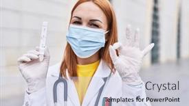  Presentation with infection - PPT layouts featuring young-doctor-woman-holding-coronavirus background and a  colored foreground