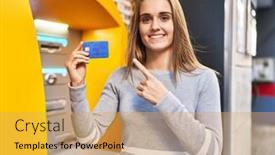  Presentation with credit card - PPT theme consisting of young-doctor-woman-holding-credit background and a yellow colored foreground