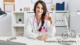  Presentation with electronic - PPT theme with young-doctor-woman-holding-electronic background and a light gray colored foreground