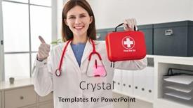  Presentation with first aid kit - Presentation theme featuring young-doctor-woman-holding-first background and a light gray colored foreground