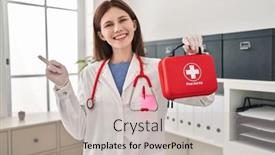  Presentation with first aid kit - Presentation design having young-doctor-woman-holding-first background and a light gray colored foreground
