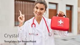  Presentation with first aid kit - Presentation theme with young-doctor-woman-holding-first background and a sky blue colored foreground
