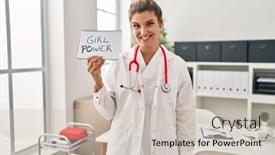  Presentation with girl power - Presentation having young-doctor-woman-holding-girl background and a soft green colored foreground