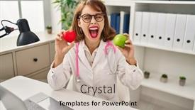  Presentation with green apple - Presentation design enhanced with young-doctor-woman-holding-heart background and a  colored foreground