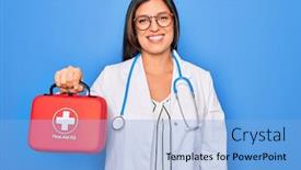  Presentation with emergency medical - Slides enhanced with young-doctor-woman-holding-medical background and a light blue colored foreground