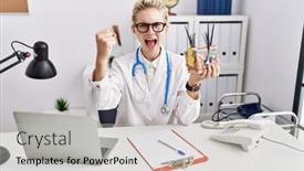  Presentation with skin doctor - Slides consisting of young-doctor-woman-holding-model background and a light gray colored foreground