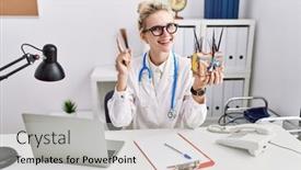  Presentation with skin doctor - PPT theme featuring young-doctor-woman-holding-model background and a light gray colored foreground