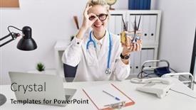  Presentation with skin doctor - Slides consisting of young-doctor-woman-holding-model background and a light gray colored foreground