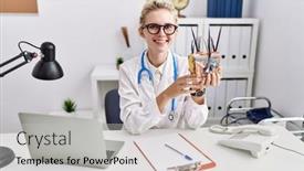  Presentation with skin doctor - PPT layouts having young-doctor-woman-holding-model background and a light gray colored foreground