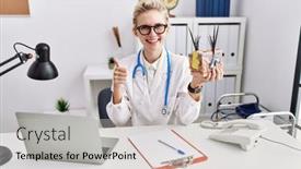  Presentation with skin doctor - Slide set having young-doctor-woman-holding-model background and a light gray colored foreground