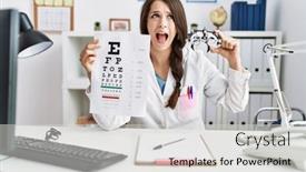  Presentation with optometry - PPT theme featuring young-doctor-woman-holding-optometry background and a light gray colored foreground