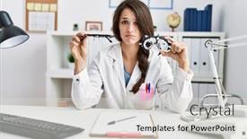  Presentation with optometry - Theme featuring young-doctor-woman-holding-optometry background and a light gray colored foreground