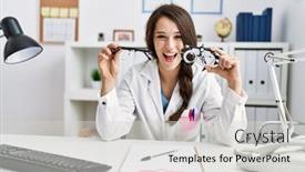  Presentation with optometry - Presentation theme featuring young-doctor-woman-holding-optometry background and a light gray colored foreground