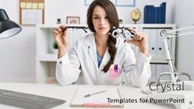  Presentation with normal - Presentation theme consisting of young-doctor-woman-holding-optometry background and a light gray colored foreground