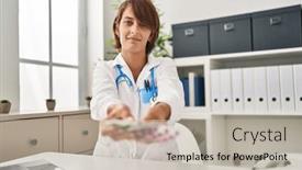  Presentation with simple - Slides consisting of young-doctor-woman-holding-pills background and a soft green colored foreground