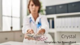  Presentation with crying - PPT theme enhanced with young-doctor-woman-holding-pills background and a  colored foreground