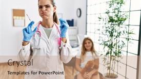  Presentation with vaccine - Presentation enhanced with young-doctor-woman-putting-vaccine background and a coral colored foreground