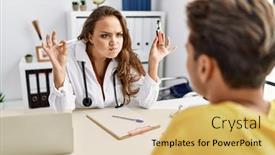  Presentation with electronic - Presentation theme enhanced with young-doctor-woman-showing-electronic background and a yellow colored foreground