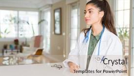  Presentation with medical protective wears - Beautiful PPT layouts featuring young doctor woman wearing medical backdrop and a mint green colored foreground