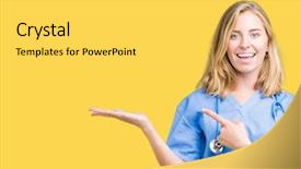  Presentation with medical robot hand and doctor - Presentation theme featuring young doctor woman wearing medical background and a light gray colored foreground