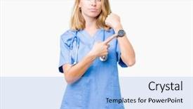  Presentation with upset - Presentation design with young doctor woman wearing medical background and a  colored foreground
