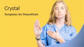  Presentation with young woman wearing boxer gloves - Presentation design consisting of young doctor woman wearing medical background and a yellow colored foreground