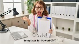  Presentation with clipboard stethoscope - PPT theme consisting of young-doctor-woman-wearing-stethoscope background and a soft green colored foreground