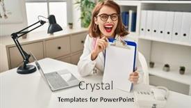  Presentation with clipboard stethoscope - Presentation design with young-doctor-woman-wearing-stethoscope background and a  colored foreground