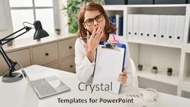  Presentation with clipboard stethoscope - PPT layouts having young-doctor-woman-wearing-stethoscope background and a soft green colored foreground