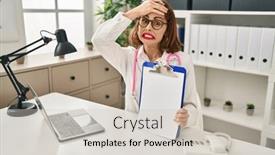  Presentation with clipboard stethoscope - Presentation design enhanced with young-doctor-woman-wearing-stethoscope background and a soft green colored foreground