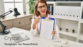  Presentation with clipboard stethoscope - Theme with young-doctor-woman-wearing-stethoscope background and a  colored foreground