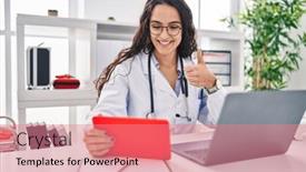  Presentation with online saftey - Slide deck consisting of young-doctor-woman-working background and a coral colored foreground