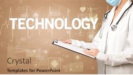  Presentation with healthcare technology - Beautiful PPT theme featuring young-doctor-writing-down-notes backdrop and a coral colored foreground