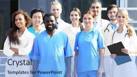  Presentation with multiracial team of young doctors stacking hands - Theme having young doctors against hospital background and a light blue colored foreground