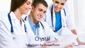  Presentation with history - PPT theme enhanced with young doctors discuss medical history background and a sky blue colored foreground