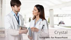  Presentation with digital hospital - Theme with young-doctors-talking-in-hospital background and a soft green colored foreground