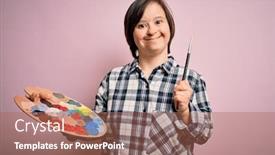  Presentation with down syndrome - Slide deck with young-down-syndrome-artist-woman background and a coral colored foreground