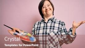  Presentation with hands down - Cool new presentation with young-down-syndrome-artist-woman backdrop and a coral colored foreground
