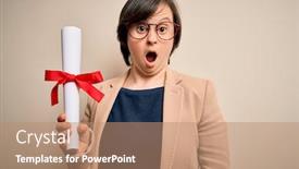  Presentation with award - Slides with young-down-syndrome-business-woman background and a coral colored foreground