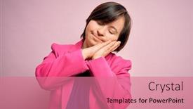  Presentation with hands down - Slides having young-down-syndrome-business-woman background and a coral colored foreground