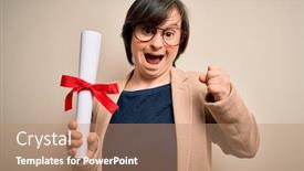  Presentation with award - Slide deck consisting of young-down-syndrome-business-woman background and a coral colored foreground