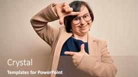  Presentation with hands down - Slide deck consisting of young-down-syndrome-business-woman background and a coral colored foreground