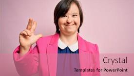 Presentation with pink business - Slide deck having young-down-syndrome-business-woman background and a coral colored foreground