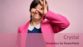  Presentation with business pink - Beautiful presentation theme featuring young-down-syndrome-business-woman backdrop and a coral colored foreground