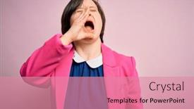  Presentation with business pink - Colorful presentation theme enhanced with young-down-syndrome-business-woman backdrop and a coral colored foreground